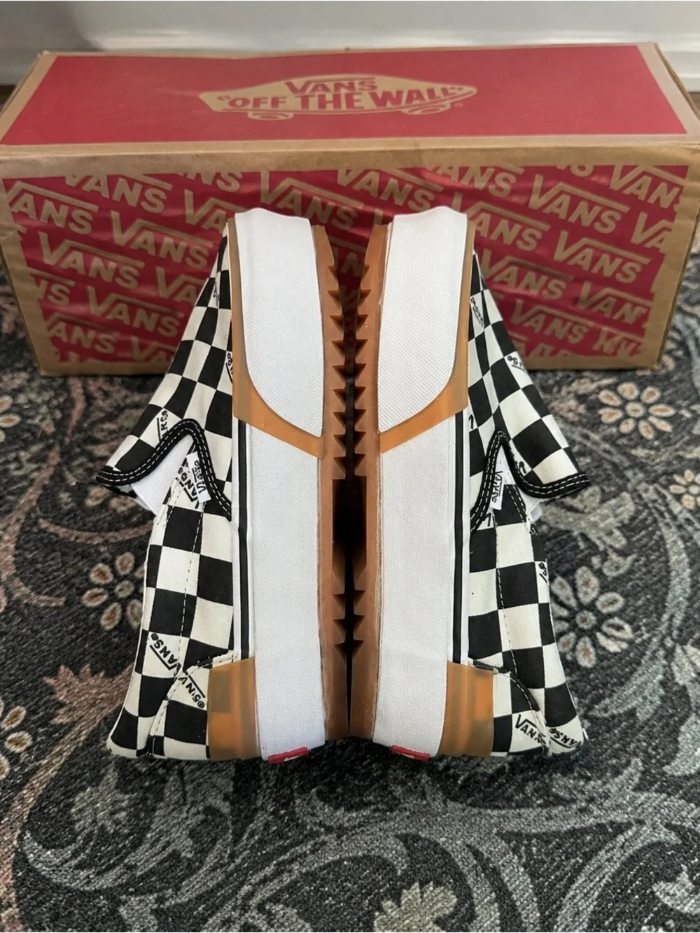 Vans Kids Checkerboard Slip-On Sneakers in Black, White and Tan